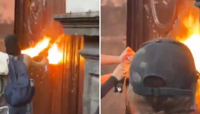 Vândalos tentam atear fogo à porta de igreja em Querétaro. (Captura de tela/Instagram/eltoro.tv)