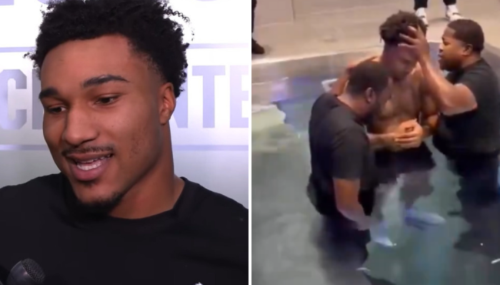 Brian Branch em entrevista e durante batismo. (Captura de tela/Youtube/ Jeff Skversky/X/NFL_DovKl...