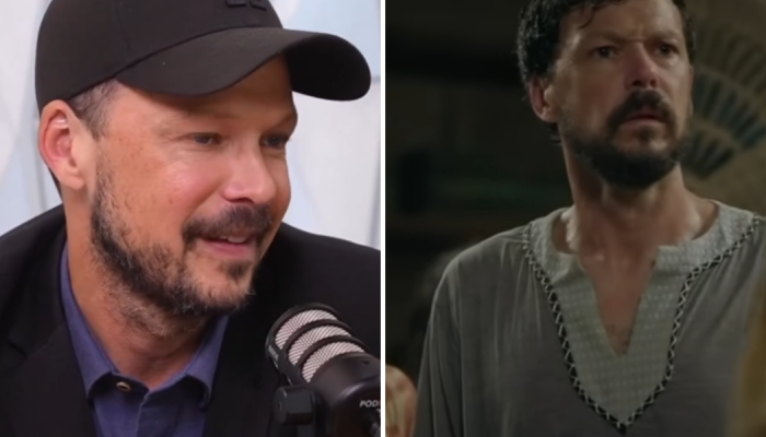 Guilherme Berenguer durante entrevista; o ator interpretando Jó. (Captura de tela/YouTube/Record...