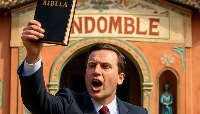 Homem com uma Bíblia na mão em frente a um centro de candomblé (Foto: Reprodução/Folha Gospe...