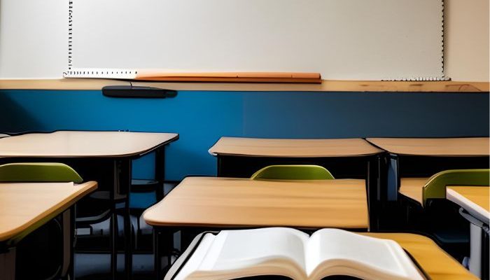 Sala de aula com Bíblia sobre uma bancada (Foto: IA do Canva Pro)