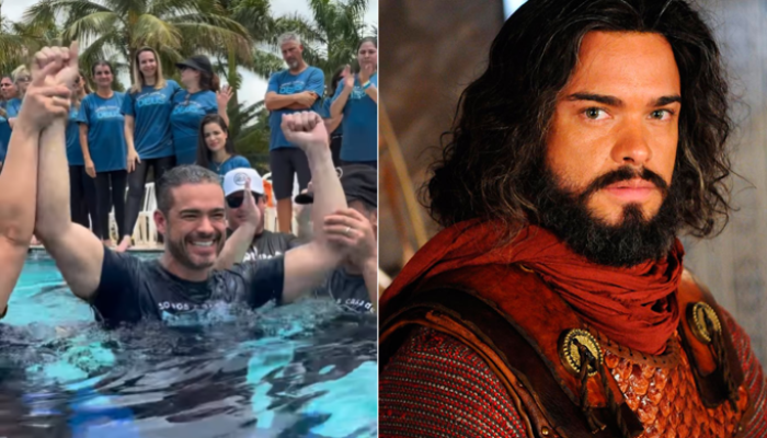 Sidney Sampaio interpretando Josué em Os Dez Mandamentos, na Record TV; e durante seu batismo na...